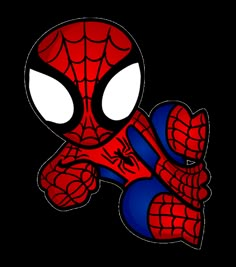 a cartoon spider man with big eyes and hands in the shape of a heart, on a black background