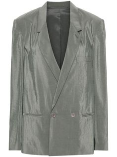 medium grey dry silk blend notched lapels long sleeves chest welt pocket two front jetted pockets internal slip pockets full lining double-breasted button fastening Silk Blazer With Pockets For Formal Occasions, Formal Silk Blazer With Pockets, Double-breasted Silk Blazer For Business, Chic Gray Business Blazer, Gray Blazer With Double Button Closure And Lapel Collar, Gray Blazer With Double Button Closure And Notch Lapel, Silk Blazer With Double Button Closure, Chic Silk Double-breasted Blazer, Double-breasted Blazer With Notch Lapel