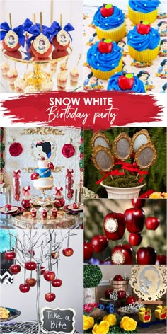 snow white birthday party with red, yellow and blue decorations