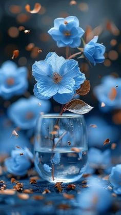 blue flowers are floating in a glass vase filled with water and petals on the ground