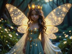 whimsical photorealistic illustration of a cute little fairy wearing a golden crown with diamonds, her wings are made of translucent gold with twinkling diamonds, she has a lot of beautiful twinkling jewelry, meadow, Golden Crown, Twinkle Twinkle, This Is Us, Diamonds, Crown, Gold, How To Wear