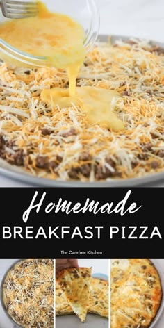 homemade breakfast pizza with cheese being drizzled on top and then topped with melted cheese