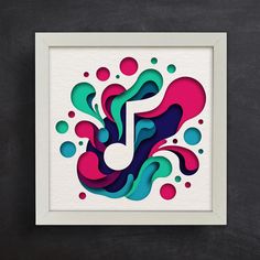 a colorful music note with bubbles in the shape of circles on a white paper frame