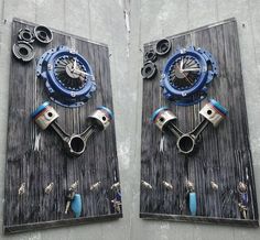 two clocks made out of different types of machinery