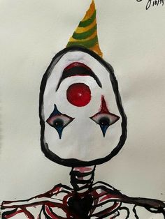 a drawing of a clown's face with red eyes