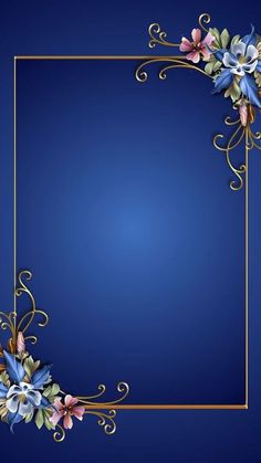 a blue background with flowers and gold frame