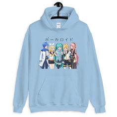 A Vocaloid Hoodie with an original illustration by ArtofValerie! ('* ω  ♡ Printed via Direct-to-Garment method for a matte finish that blends well with the fabric without excess edges. American sizing! Size chart on the last image. ❤ 50% pre-shrunk cotton, 50% polyester ❤ Air-jet spun yarn with a soft feel and reduced pilling ❤ Lined with fleece inside for a soft texture  ❤ Double-lined hood with matching drawcord ❤ Front pouch pocket ❤ Double-needle stitched collar, shoulders, armholes, cuffs, Anime Hoodie With Anime Print For Cosplay Events, Harajuku Style Anime Print Hoodie For Cosplay, Harajuku Sweater, Hatsune Miku Project Sekai, Miku Project Sekai, Miku Project Diva, Kawaii Hoodie, Project Diva, Kawaii Harajuku