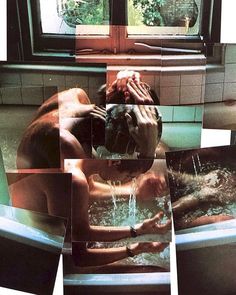 multiple pictures of a man in a bathtub with his hands on his head and water running from the faucet