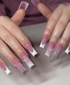 Pink Acrylic Nails Coquette, Gel X Nails Coquette, Acrylic Nail Designs Coquette, 21st Birthday Nails, Long Square Nails, Diy Acrylic Nails, Nails Design With Rhinestones, Pretty Gel Nails