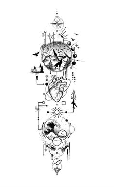 a drawing of a clock with different things on it