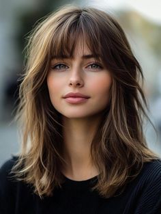 Top Medium Haircuts with Bangs for 2024 – Fresh and Stylish Ideas Fringe Bangs Small Forehead, Medium To Long Hair With Bangs, Medium Length Haircut With Full Bangs, Fine Hair Haircuts Bangs, Hairstyles With Bangs For Square Faces, Wispy Feathered Bangs, Different Types Of Fringes, Medium Length Haircut Fringe