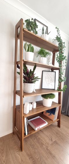 a wooden shelf filled with potted plants on top of a hard wood floor