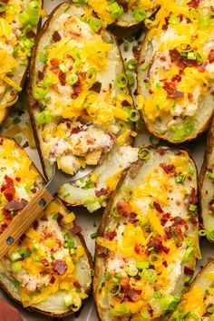 baked potato skins with cheese, bacon and green onions