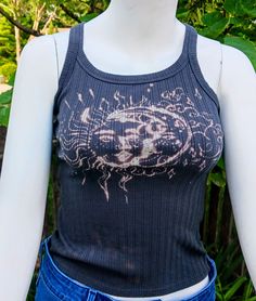 This is a super comfy and stretchy high quality crop top, hand bleached for an abstract sun and moon design Fitted Acid Wash Casual Tank Top, Fitted Acid Wash Crop Top For Summer, Acid Wash Fitted Hand Dyed Top, Fitted Acid Wash Hand Dyed Top, Summer Acid Wash Cotton Crop Top, Summer Acid Wash Crew Neck Crop Top, Summer Acid Wash Crop Top With Crew Neck, Acid Wash Crew Neck Crop Top For Summer, Fitted Acid Wash Tank Top For Summer