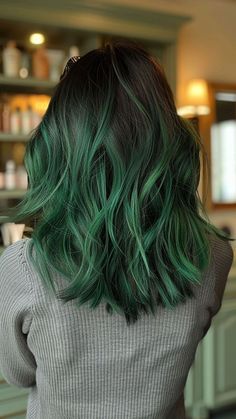 Green Hair Color Ideas For Brunettes, Green Balayage On Black Hair, Green Hair Dye Ideas For Brunettes, Hair Color Ideas For Brunettes For Summer Balayage Highlights Blonde, Green Hair Brown Roots, Emerald Green Balayage Hair, Green Hair Dark Roots, Colorful Hair Ideas For Brunettes, Green Tips Hair