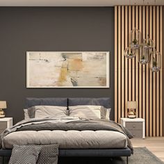 a bedroom with a bed, nightstands and paintings on the wall behind it in shades of grey