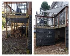 two pictures side by side of a house with a dog on the porch and an open deck