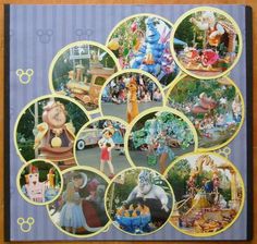 an image of disney world collages on a board with other pictures in the background