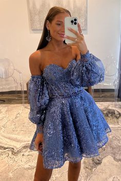 Blue Strapless Sequin-Embroidered Homecoming Dress with Detachable Sleeves Short Dance Dresses, Unique Homecoming Dresses, Sweetheart Homecoming Dress, Detachable Sleeves, Mother Wedding Dress, Corset Bodice