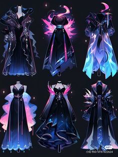 six different types of dresses with wings and capes on their shoulders, all in various colors