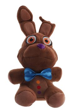 a brown stuffed animal with big eyes and a blue bow tie