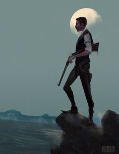 a man standing on top of a rock next to the ocean under a full moon