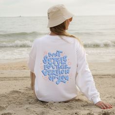 Trendy handmade design with inspirational text "don't settle for their version of you" printed on a sweatshirt. Our sweatshirts are made of the cleanest, most durable and softest fabrics. You're going to love this sweatshirt and our customer service! Our sweatshirts are truly one-of-a-kind, so don't miss out on this unbelievable opportunity! ✈️ SHIPPING AND DELIVERY ✈️ The shipping is totally FREE and thanks to our Automated Processing System we can offer you 4-15 day delivery times anywhere in Inspirational Slogan Sweatshirt In Relaxed Fit, Inspirational Text Print Sweatshirt With Relaxed Fit, Inspirational White Crew Neck Sweatshirt, Love Sweater, Inspirational Text, Don't Settle, Handmade Design, San Jose, Self Love