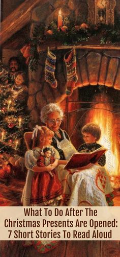 a christmas card with an image of two children reading in front of a fire place