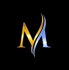 the letter m in gold and blue on a black background