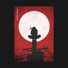 a poster with the silhouette of a person sitting on top of a building in front of a full moon