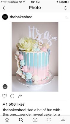 the cake is decorated with pastel blue and pink icing, flowers, and hearts