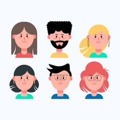 six people with different facial expressions are shown in this flat - style illustration, which includes the faces of four men and two women