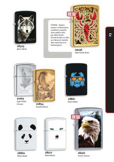 the different types of lighters are shown in this image, including one with an eagle and