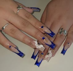 Nail Inspo 3d, Nails For Quince, Royal Blue Quinceanera Theme, Acrylic Nails Light Blue, Blue Quinceanera Theme, Blue Gold Nails, Blue Nail Inspo, Royal Blue Quinceanera Dresses, Blue Quinceanera Dresses