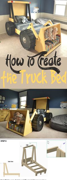 the instructions for how to make a bed with a construction truck and bookcase in it