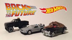 back to the future toys are lined up against a white background with hot wheels on it