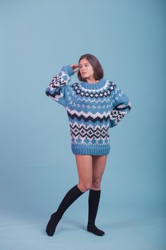 Sky Blue Sweater, Fair Isle Pullover, Nordic Jumper DETAILS - Made from 100% natural soft wool - The model is 170 cm tall (regular S) - The sweater on picture is size 2XL - As mostly all models in our shop the sweater is loose fit - Color on photo - nordic pattern FIT - The sweater is of loose fit designed to have comfortably roomy fit and look. For those who want loose - roomy fit we suggest to choose the right size or even go size up (for very generous look). For those who want more fitted loo Black Latex Dress, Fair Isle Pullover, Pull Oversize, Hooded Dress, Most Beautiful Dresses, Oversized Pullover, Hand Knitted Sweaters, Mohair Sweater, Pullover Sweater Women