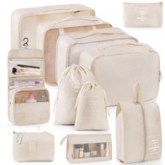 an assortment of toiletries and pouches are shown in various positions, including one bag