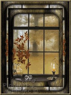 an image of a window with leaves on the outside and candles in the windowsill