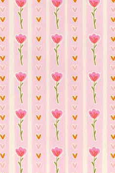 a pink wallpaper with hearts and flowers in the center, on top of a striped background