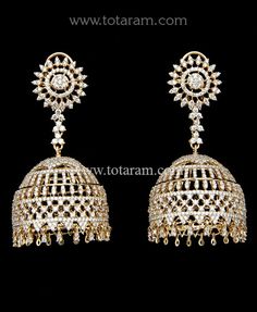 18 Karat Gold  Diamond Jhumkas - Diamond Dangle Earrings 
  Note: Only front side has Diamonds as shown in the picture, the back part of the Jhumka which is not visible from the front is only Gold without Diamonds - 235-DER1676 - in 36.500 Grams for USD $7221.45. 
Made in India by Totaram Jewelers Online this product is in Gold - 18 Karat Gold  & is an excellent gift for Adult - Women. Ships fully insured with secured guaranteed delivery for free with your order over $250 from New Jersey USA Diamond Jhumkas With Intricate Design For Festivals, Diamond Jhumkas With Intricate Design In Bollywood Style, Diamond Jhumkas With Intricate Design For Diwali, Diamond Danglers With Intricate Design For Reception, Diamond Jhumkas With Latkans For Festivals, Diamond Jhumkas With Latkans For Formal Occasions, Bollywood Diamond Jhumkas For Festivals, Formal Diamond Jhumkas With Latkans, Formal Bollywood Diamond Jhumkas