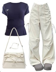 OOTD: Short Sleeve Tee + Cargo Pants + Aesthetic Bow Solid Color Leather Shoulder Bag Cargo Pants Outfit Street Style, Cargo Pants Aesthetic, Back School Outfits, Pants Aesthetic, Aesthetic Bow, Look Grunge, Trendy Outfits For Teens, Trendy Summer Outfits, Cute Everyday Outfits