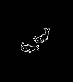 two fish are swimming in the water on a black background, one is drawn with white ink