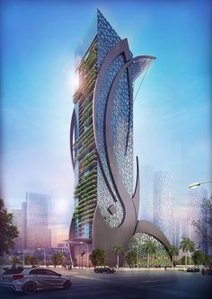 an artistic rendering of a tall building in the middle of a city