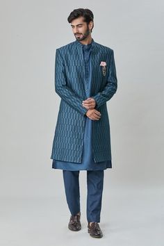 Teal blue sherwani with mirror, thread and sequins embroidery. Comes with pant and a kurta. - Aza Fashions Formal Blue Kurta With Mirror Work, Designer Blue Sets With Dabka Detailing, Designer Blue Sherwani With Dabka Work, Blue Ceremonial Straight Kurta Bandhgala, Blue Straight Kurta Bandhgala For Ceremonial Occasions, Designer Blue Kurta For Festive Occasions, Blue Sherwani With Mirror Work For Eid, Blue Sherwani With Mirror Work For Festivals, Blue Bandhgala With Mirror Work For Festive Occasions