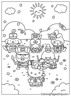 an image of cartoon characters from the simpsons coloring book, with sun and clouds in the background