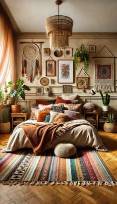 a bedroom with wooden floors and pictures on the wall