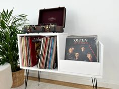 a white shelf with various records and an old record player on it, next to a potted plant