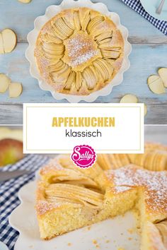 an apple pie with powdered sugar on top and the words appelkuchen klasssich above it