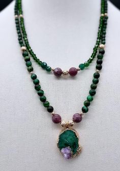 Elevate your style with my personally crafted necklace featuring Dyed Green Quartz Bits, Natural Treasure Emerald, Gajade Stone, Purple Lepidolite, and a Druzy Agate Pendant. This unique design blends the vibrant energy of green quartz, the prosperity associated with treasure emerald, the grounding essence of gajade stone, the calming presence of purple lepidolite, and the unique charm of the druzy agate pendant. Meticulously crafted, this necklace is a harmonious fusion of style and the distinc Jean Art, Bangles Jewelry Designs, Vibrant Energy, Pretty Jewelry, Valentines Necklace, Green Quartz, Druzy Agate, Statement Necklaces, Jade Stone